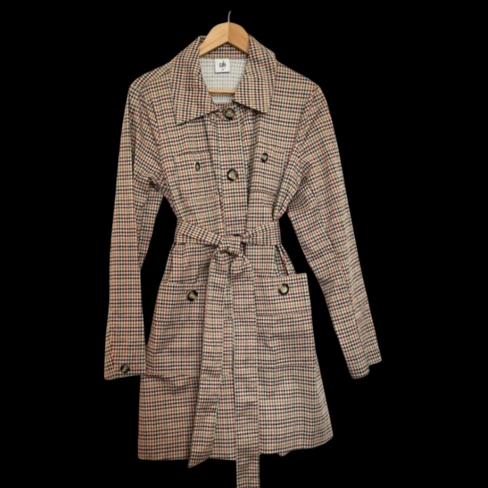 CAbi Sherlock Plaid Houndstooth Trench Coat Lightweight Button Down Jacket Sz XS